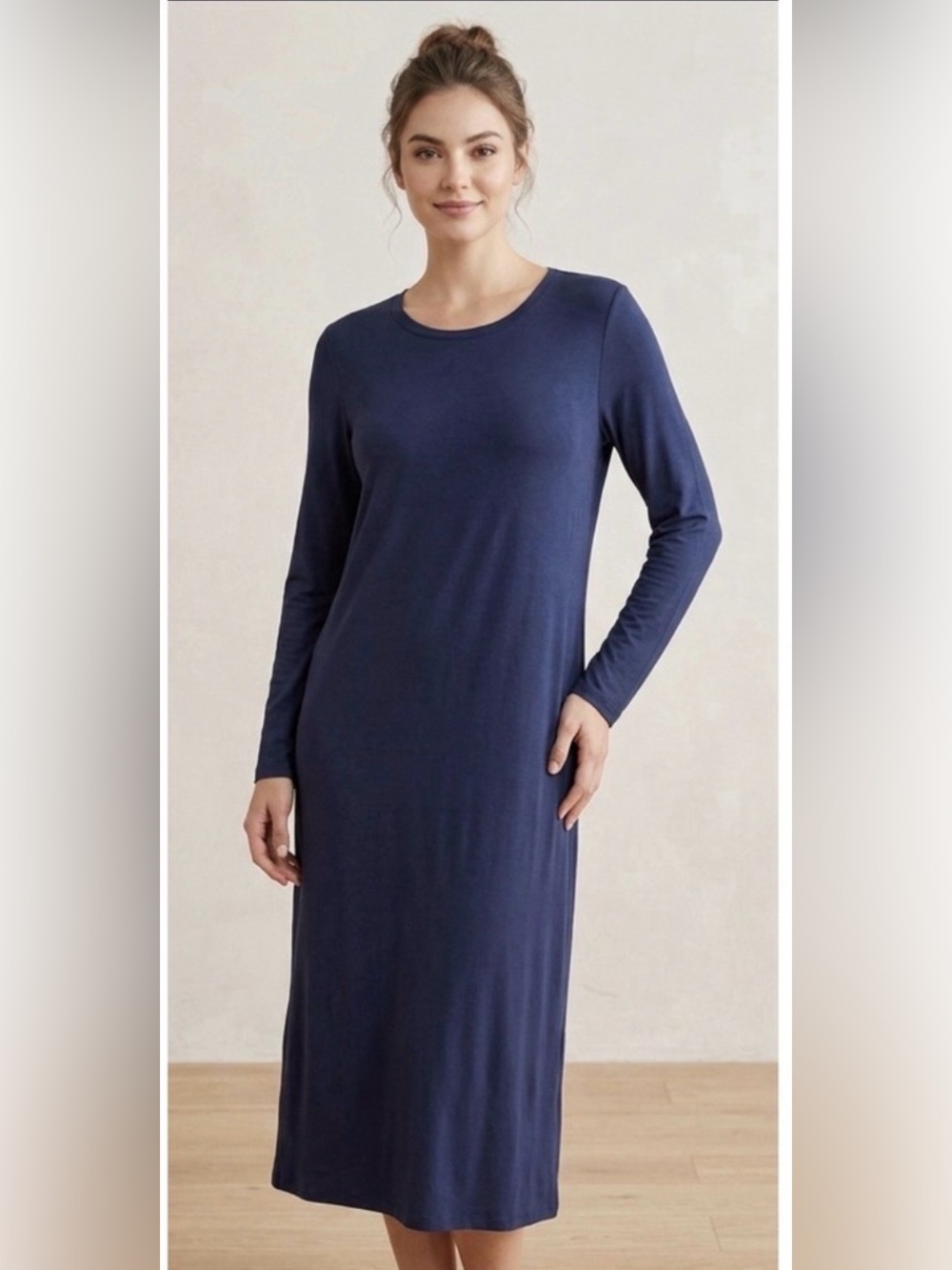 LAKE Navy Long Sleeve Crew Neck Bamboo Sleep Dress Nightgown, Large.